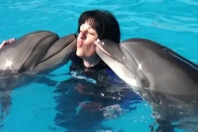 2 dolphins kissing a woman