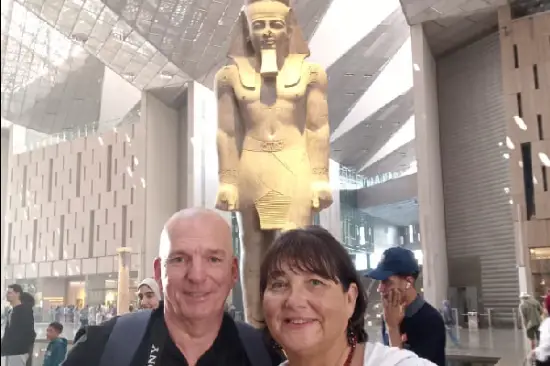 The colossal statue of King Ramses II inside the Grand Egyptian Museum (GEM).