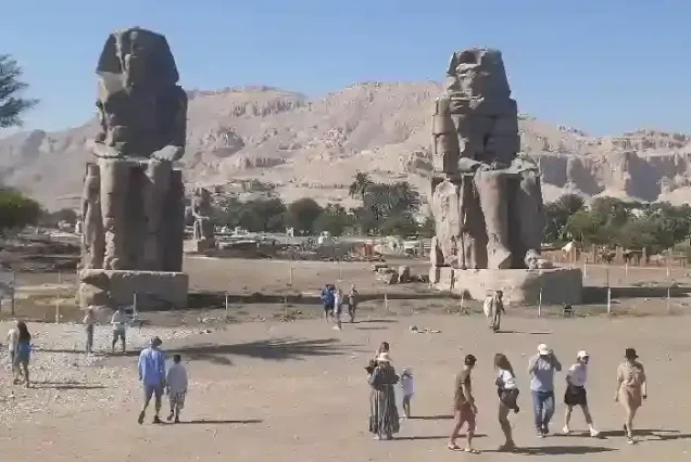 Colossi of Memnon giant stone statues in Luxor Egypt.