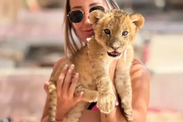 Close-up portrait of a woman holding a baby lion cub facing the camera